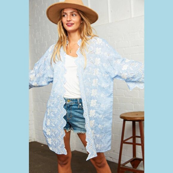 BLUE & IVORY COTTON BOHO EMBROIDERED SCALLOP KIMONO - Picture 6 of 7